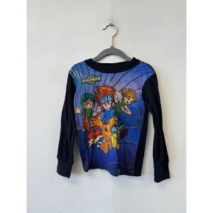 Vintage Digimon Shirt Kids 5 Black Blue Long Sleeve Anime Graphic 2000s Y2K